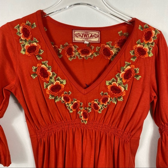 Johnny Was JWLA Dress Boho Heavy Embroider Smock Bird Orange Floral Birds S - Picture 2 of 5